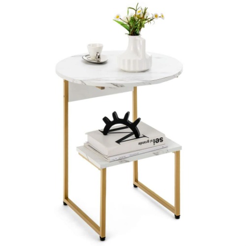 COSTWAY 2-Tier Sofa Side Table, Modern Faux Marble Nightstand Bedside End Table with Storage Shelf, Gold Metal Frame Small Coffee Tea Tables for Living Room, Bedroom and Office