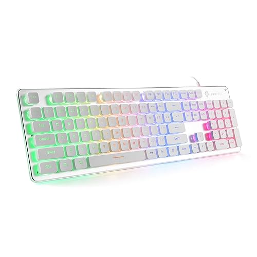LANGTU Membrane Gaming Keyboard, Rainbow LED Backlit Quiet Keyboard for Office, USB Wired All-Metal Panel 25 Keys Anti-ghosting Computer Keyboard 104 Keys - L1 White/Silver - White