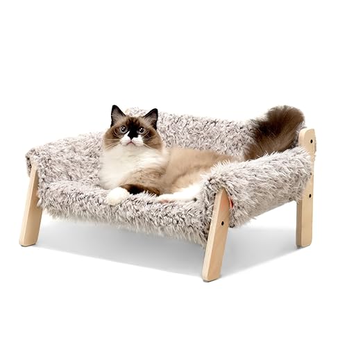 MEWOOFUN Large Cat Bed Sturdy Wooden Leg Raised Cat Sofa Bed Kitten Bed for Indoor Cats - Soft Cat Couch with Removable Cover Hold up 15kg, 56x45cm Brown-grey - 56x45x27cm - Brown-grey