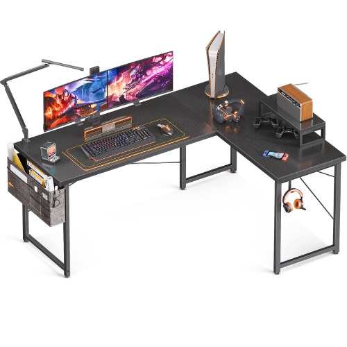 ODK L Shaped Desk, 59" Computer Corner Desk, Gaming Desk, Home Office Writing Desk with Monitor Shelf, Space-Saving Workstation Desk, Modern Simple Wooden Desk, Easy to Assemble, Black