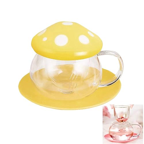 Cute Cups Mushroom Tea Cup with Infuser and Lid, Kawaii Glass Tea Cups and Saucers, 290ML Mushroom Mugs with spoon, Present for Christmas Perfect for Girls Women for Home and Office Use 9.6oz (Yellow) - Yellow