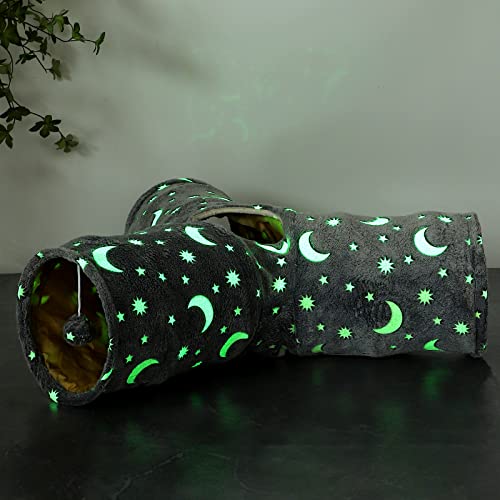 LUCKITTY Cat Tube Tunnel with Plush Ball Toys Collapsible Self-Luminous, for Cat Small Pets Bunny Rabbits, Kittens, Ferrets,Puppy and Dogs Grey Moon Star 3 Way - 3 Way