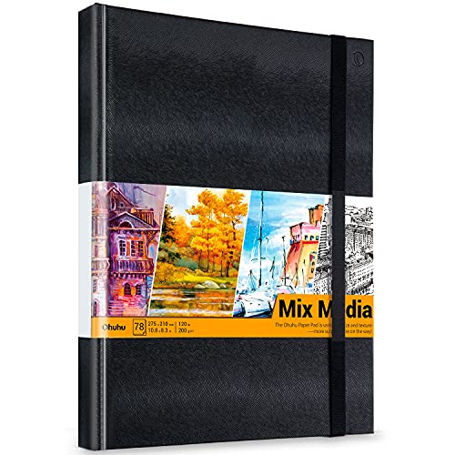 Mix Media Pad, Ohuhu 10.8"x8.3" Mixed Media Art Sketchbook, 120 LB/200 GSM Heavyweight Papers, 78 Sheets/156 Pages, PU Hardcover Mixed Media Paper Pad for Acrylic, Painting Christmas Gift - 10.8×8.3 IN