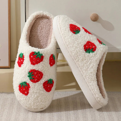 Strawberries Cute and Cozy Winter Slippers - White with Strawberries / 40-41