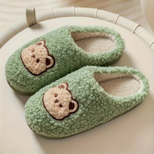 Cute Cozy Bear Plush Closed Toe Slippers - Green / 40-41