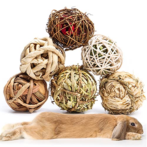 DAMPET Small Animals Play Balls, Chew Grass Balls & Rolling Chew Toys for Bunny, Improve Pets Dental Health for Rabbit, Chinchilla, Guinea Pigs, Hamsters, Gerbils, Rats, Mice (6 Pieces) - 6 pieces