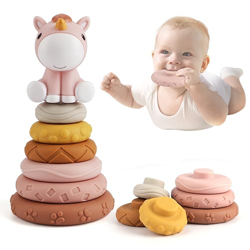 Nueplay 7 Pcs Stacking & Nesting Baby Toys, Squeeze Teething Baby Toys and Building Circle with Pink Horse Figure, Early Educational for 6 12 18 Months Baby Toddler Boys Girls - Classic Edition