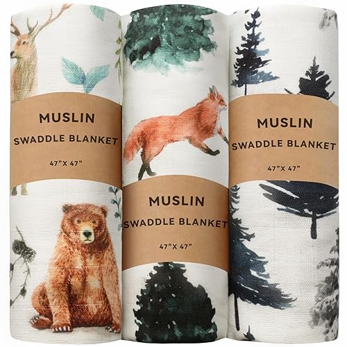 3 Pack Baby Muslin Swaddle Blankets Gender Neutral Large Swaddles for Newborn Baby Boys or Girls Light Receiving Blankets Newborn Infant Essentials for Mom (Woodland) - Woodland