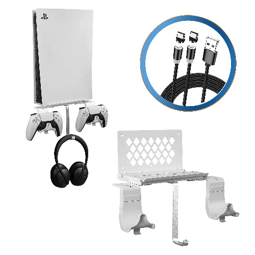 Hosanwell PS5 Wall Mount - 5 in 1 PlayStation 5 Wall Mount Kit with 2 Way Magnetic Charging Cable, Detachable Controller Holder & Headphone Hanger, with Non-Slip Mat, white - US