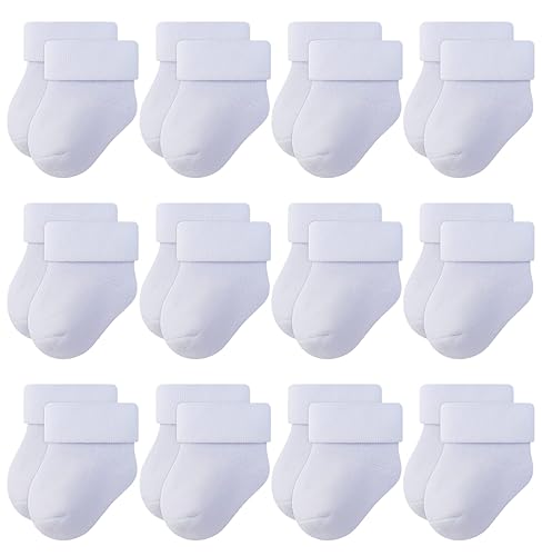 RATIVE Newborn 0-3 Months and Infant 3-12 Months Thick Terry Turn Cuff Socks for Baby Boys Girls - 0-3 Months - 12-pairs/White