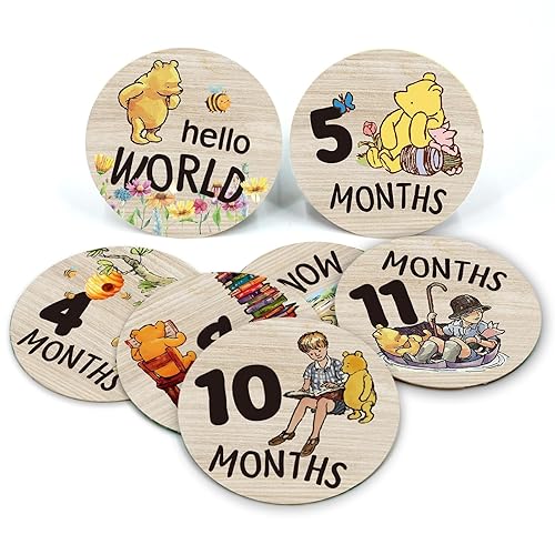 The Pooh Baby Bear Month Milestone Circles, Wooden Discs Stuff for Baby Photo Takens with Hello World Name Signs - 7Pcs Double Sided Signs for Documenting Growth - Color a - One Size