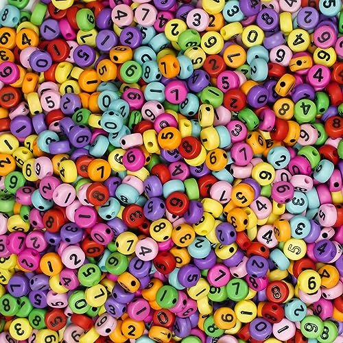 1000pcs Number Beads Colorful Round Number Letter Beads 0-9 Mixed 4x7mm Plastic Shape Loose Beads for Jewelry Making Bracelets. (Black Colorful) - Black Colored