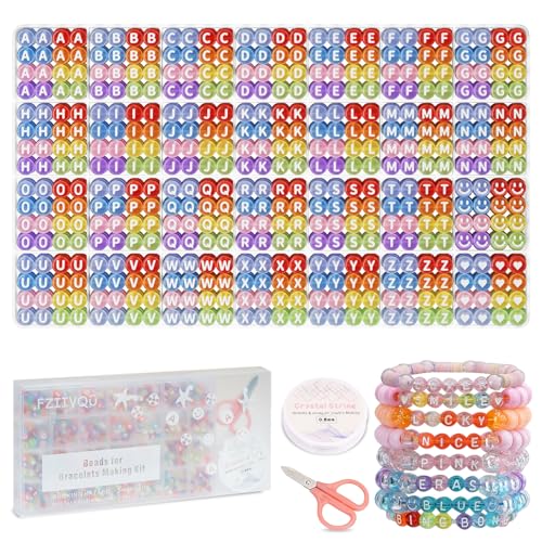 FZIIVQU 1450 Pieces Letter Beads, 28 Styles Acrylic 4x7mm Round Letter Beads Kits, Alphabet Beads A-Z Heart Pattern Beads and Smiley face beads for Bracelets Necklaces DIY Jewelry Making - White Letter & Transparent Colour Base - 4*7mm