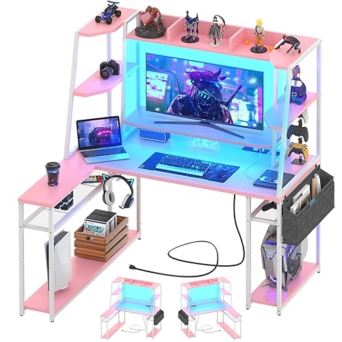 L Shaped Gaming Desk - Pink Gaming Desk with Hutch & Shelves, 47'' Gaming Computer Desk with LED Lights & Charging, Reversible PC Gaming Desk L Shape with Storage, L Desk for Gaming with Monitor Stand - Pink - 47 inch