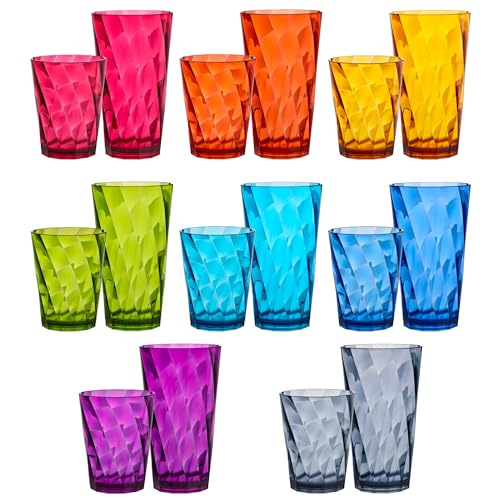 US Acrylic Optix Plastic Reusable Drinking Glasses (Set of 16) 14oz Rocks & 20oz Water Cups in Jewel Tone Colors | BPA-Free Tumblers, Made in USA | Top-Rack Dishwasher Safe - 14-ounce/20-ounce