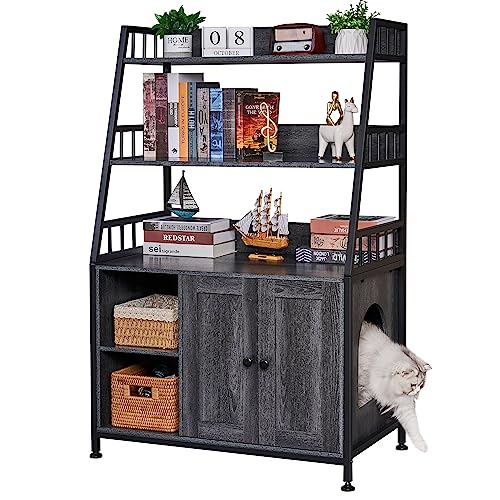 BEWISHOME Large Cat Litter Box Enclosure, Hidden Litter Box Furniture with Shelf Storage, Sturdy Cat Washroom Furniture Wooden Cat House Cinerous CMW03P - Cinerous