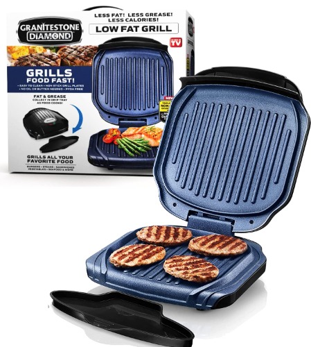 Granitestone Indoor Grill & Panini Press 2 Serving Grill, with Double Sided Heating Plates, Fat Draining Grill Ridges, Ultra Nonstick 72 sq. inch Surface – Cooks Food in Minutes with Indicator Lights - Large Nonstick Grill Black