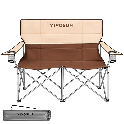VIVOSUN Double Camping Chair, Fully Padded Folding Loveseat, Portable Oversized Duo Chair with Storage Cup Holders, Height-Adjustable Armrests & Carry Bag, Supports up to 500lbs, Brown & Cream - Beige-brown - Double Chair