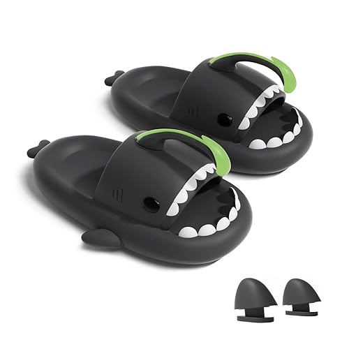 Hello Slippers Glow in The Dark Shark Slides Sandals, Super Soft Eco-Friendly EVA Material Comfortable Shoes for Women and Men Indoors & Outdoors - 4.5-6 Women/4-4.5 Men - Black
