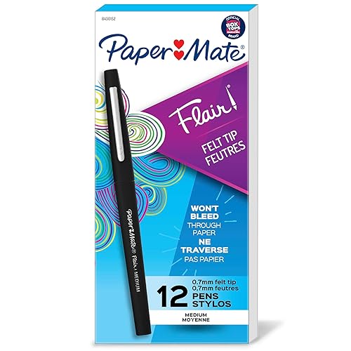 Paper Mate Flair Felt Tip Pens, Medium Point (0.7 mm), Black, 12 Count - 12 count (Pack of 1) - Medium Tip - Black