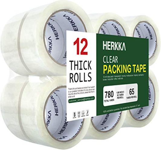 HERKKA Clear Packing Tape, 12 Rolls Heavy Duty Packaging Tape for Shipping Packaging Moving Sealing, Thicker Clear Packing Tape, 1.88 inches Wide, 65 Yards Per Roll, 780 Total Yards - 12 PACK 1.88 INCH WIDE