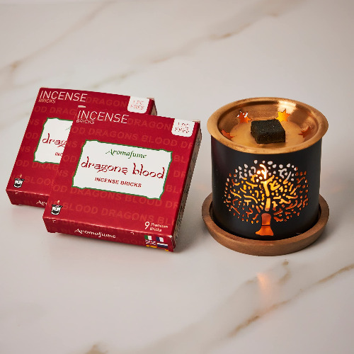 Aromafume Dragons Blood Incense Bricks (2 Trays x 9 Pieces Each) with Tree of Life Exotic Incense Diffuser | Ideal for Positive Vibe Generation, Meditation, Purification, Healing & Rituals - Dragons Blood