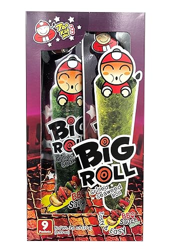 Tao Kae Noi Big Roll Grilled Seaweed BBQ Sauce, gegrillter Seetang, gegrillter Algensnack mit BBQ Flavour, 9 Snackrolls a 3 g, 27 g - 3 g (9er Pack) - BBQ