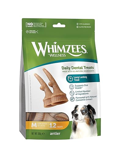 WHIMZEES by Wellness Antler, geweihförmiger Hundesnack für mittelgroße Hunde, Größe M, 12 Stück, wirkt ruhigend, ohne Zuckerzusatz, getreidefrei, natürlich, fettarm - 12 stück (1er Pack) - Geweih (Antler)