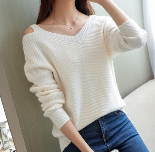 Womens Cut Shoulder V Neck Sweater - White / Free