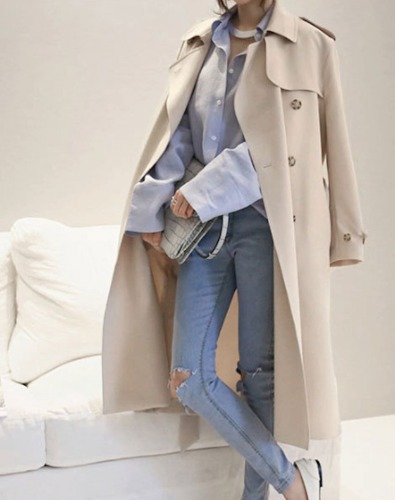 Womens Double Breasted Long Trench with Side Button Details - Khaki / M