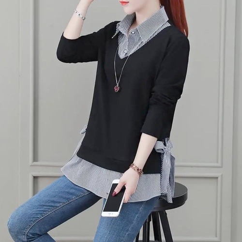 Womens Faux Double Layer Shirt with Side Bow - BLACK / M