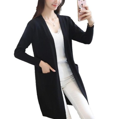Womens Mid Length Knitted Open Cardigan - Black / Free