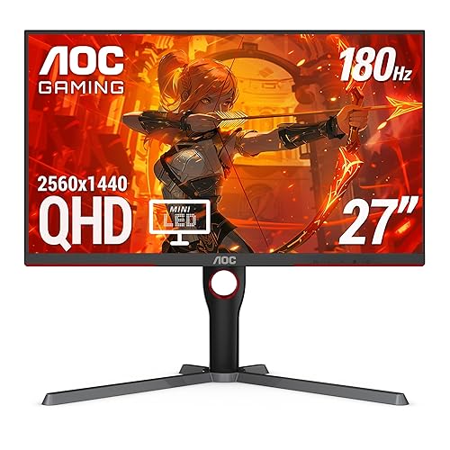 AOC Q27G3XMN 27" Mini LED Gaming Monitor, 2K QHD 2560x1440, 180Hz 1ms, 2X HDMI 2.0, 2X Display Port, Height Adjustable, Xbox/PS5/Switch Ready, 3-Year Zero-Bright-dot - 27" Mini-LED QHD - 180Hz - 180 Hz