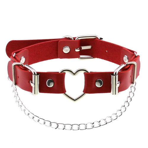 SJYFAL Women Heart Leather Choker Necklace Girls Punk Rock Chain Rivet PU Collar Necklace Adjustable - Red