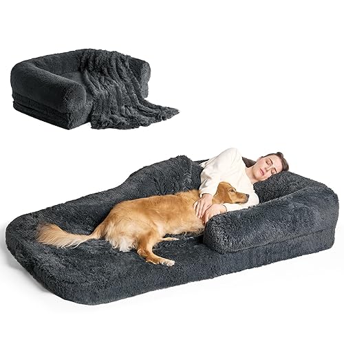 EHEYCIGA Foldable Human Sized Dog Bed for Adults, Memory Foam Orthopedic Dog Sofa, Waterproof Calming Pet Bed, Dog Couch Bed with Washable Removable Cover, Dark Grey, 72" x 44" x 12" - 182L x 111W x 30H cm - Dark Grey