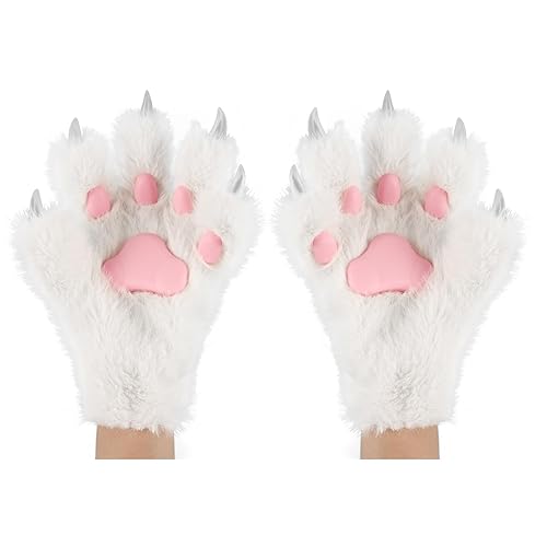 hbbhml Animal Cat Bear Paw Gloves Cute Fox Wolf Plush Claw Fluzzy Mitten Halloween Christmas Cosplay Costume for Men Women - White