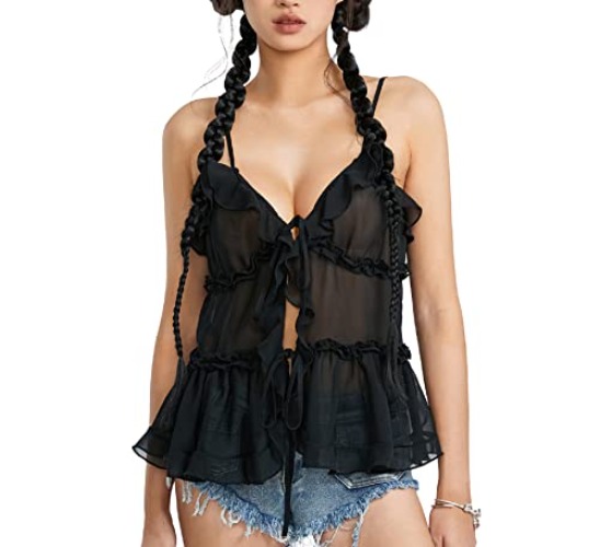 Women Y2k Lace Camisole Spaghetti Strap Low Cut Tank Open Back Crop Tops Sexy Sleeveless Summer Streetwear - X-black - Small