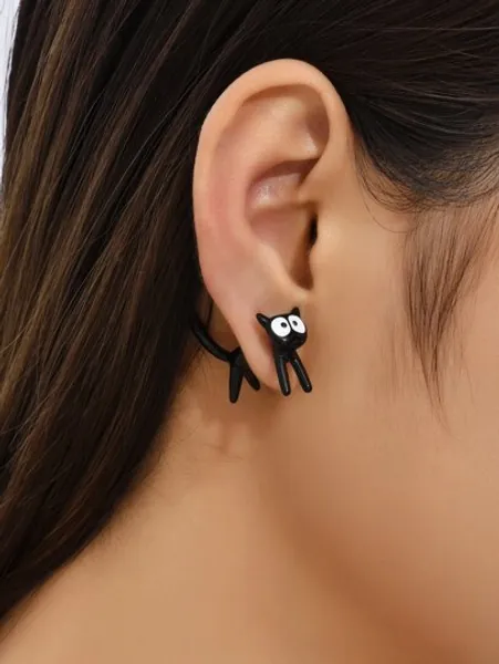 1pair Black & White Cat Front & Back Earrings