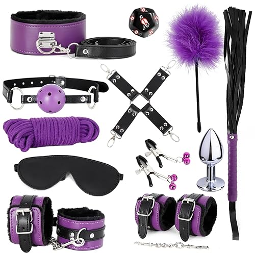 BDSM Bondage Restraint Kits 12PCS Sets Sex Toys Handcuffs Ankle Collar Cuffs Blindfold Feather Tickler Ball Gag Anal Plug SM Games Adjustable for Women Men - Black&purple