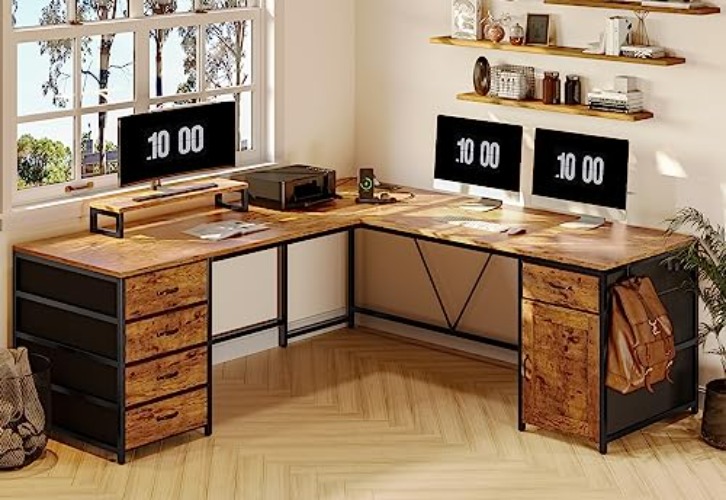 SEDETA L Shaped Desk, 63" Computer Desk with 5 Drawer & Power Outlet,Long Home Office Desk or Corner Desk, L Shaped Corner Desk with Monitor Shelf, Storage Cabinet, Black - Rustic Brown
