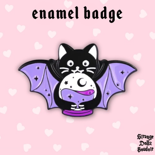 Witchy Bat Cat enamel badge pin, pastel goth, Halloween, Strange Dollz Boudoir