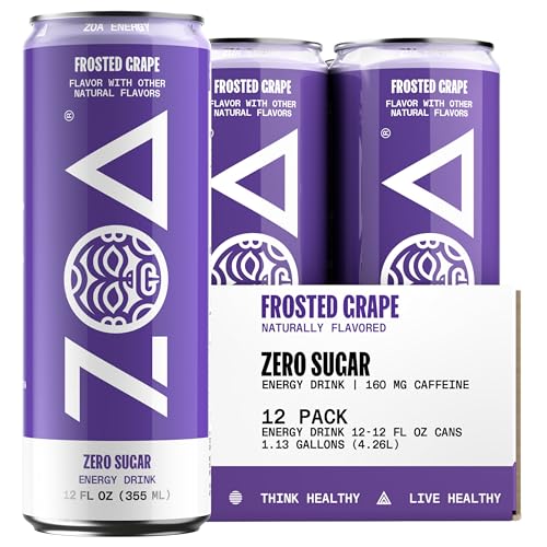 ZOA Zero Sugar Energy Drinks, Frosted Grape - Sugar Free with Electrolytes, Healthy Vitamin C, Amino Acids, Essential B-Vitamins, and Caffeine from Green Tea - 12 Fl Oz (12-Pack) - Frosted Grape - 12 Fl Oz (Pack of 12)