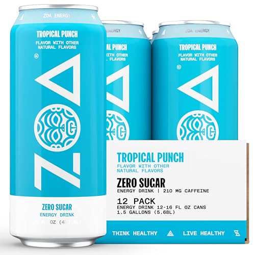 ZOA Zero Sugar Energy Drinks, Tropical Punch - Sugar Free with Electrolytes, Healthy Vitamin C, Amino Acids, Essential B-Vitamins, and Caffeine from Green Tea - 16 Fl Oz (12-Pack) - Tropical Punch - 16 Fl Oz (Pack of 12)