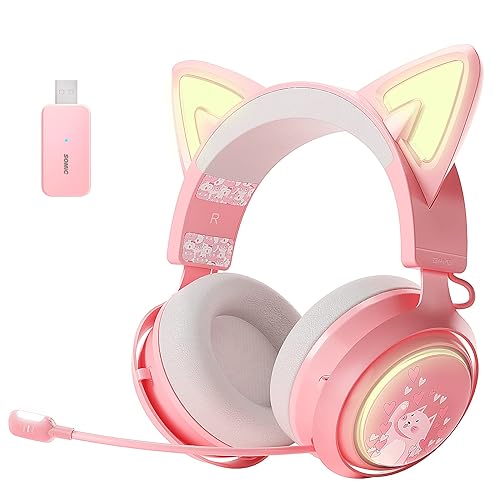 SOMIC GS510 Cat Ear Headset Wireless Gaming Headset for PS5/ PS4/ PC, Pink Headset 2.4G with Retractable Mic, 7.1 Stereo Sound, 8Hrs Playtime, RGB Lighting for Girls (Xbox Only Work in Wired Mode) - Pink