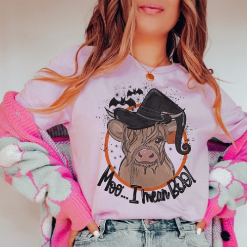 Moo I Mean Boo Cow Tee - Heather Prism Lilac / L