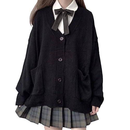 TXYJJP Womens Japanese Cute Kawaii Knitted Cardigan Sweater Cosplay Long Sleeve Button Down JK School Uniform Jacket - X-Large - Black