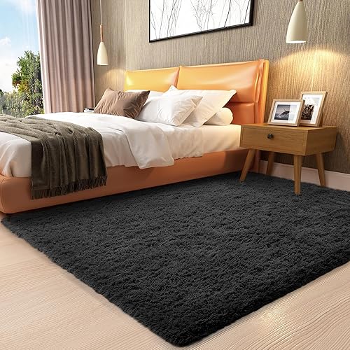 Ophanie 3x5 Black Rugs for College Dorm, Bedroom Small Area Rug, Non-Slip Fluffy Shaggy Bedside Soft Shag Fuzzy Plush Carpet for Kids Boys Teen Home Decor Aesthetic, Nursery - 3x5 Feet - 2- Black