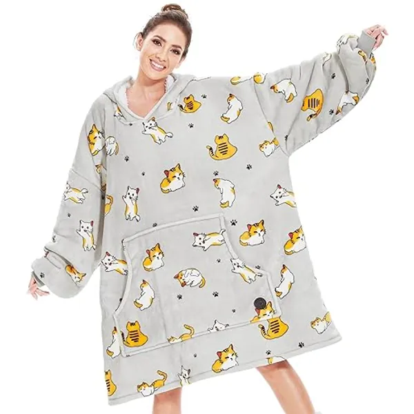 THREE POODLE Wearable Blanket Hoodie for Women, Oversized Sherpa Sweatshirt Blanket for Adults Men, Warm Cozy Cat Hooded Blanket, Gifts for Mom Girlfriend Sister - Cat - Adult