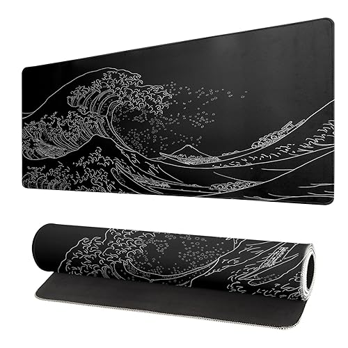 Brecoy Japanese Sea Wave Large Mouse Pad, Anime Black Gaming, Extended Kanagawa Mat Desk Pad, 3mm Thick Long Non-Slip Rubber Base Mice Pad, 31.5 X 11.8 Inch - Black Wave of Kanagawa