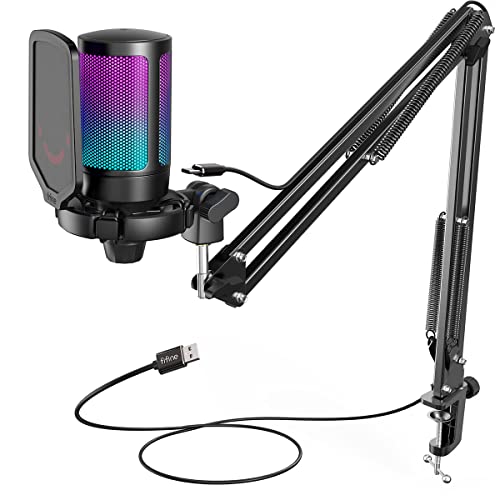 FIFINE USB Gaming Microphone Kit for PC PS5, Computer Condenser Microphone with RGB, Quick Mute, Gain Control, Boom Arm Stand, Shock Mount, Pop Filter for Streaming Discord Podcasts YouTube -A6T - Black